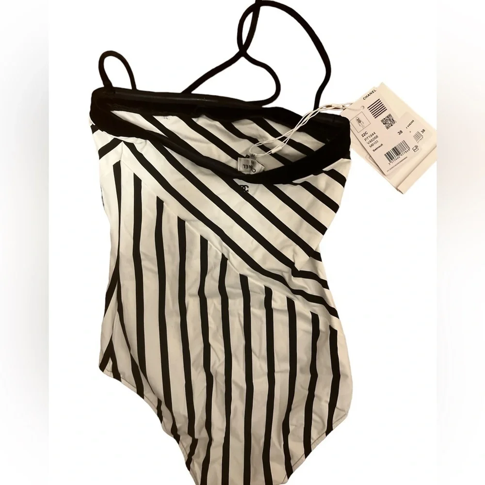 CHANEL one piece swimsuit black and white strip, Sz 38